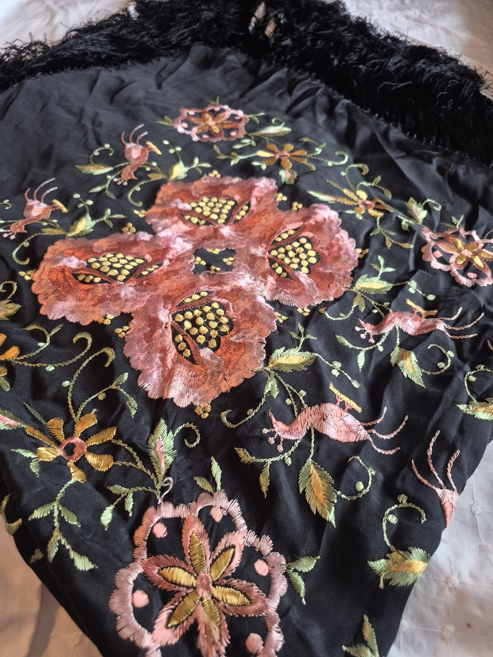 Large Black Floral Embroidered Fringe Silk Piano Shawl 4x4 - Picture 6 of 15